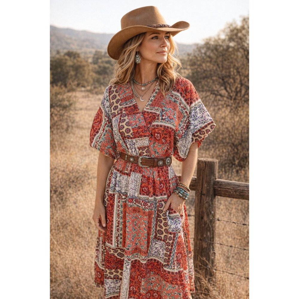 NWT Boho Patchwork Girl Soul Scarf Print Dress Red Mix Print Floral Womens L